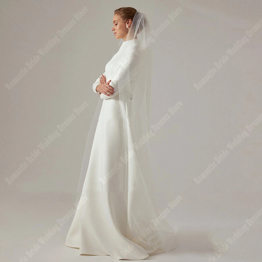 Boho Satin Fabric Women Wedding Dresses Pretty Long Sleeves Gowns Minimalist Style Mopping Length A-Line Party Robes Customized 4