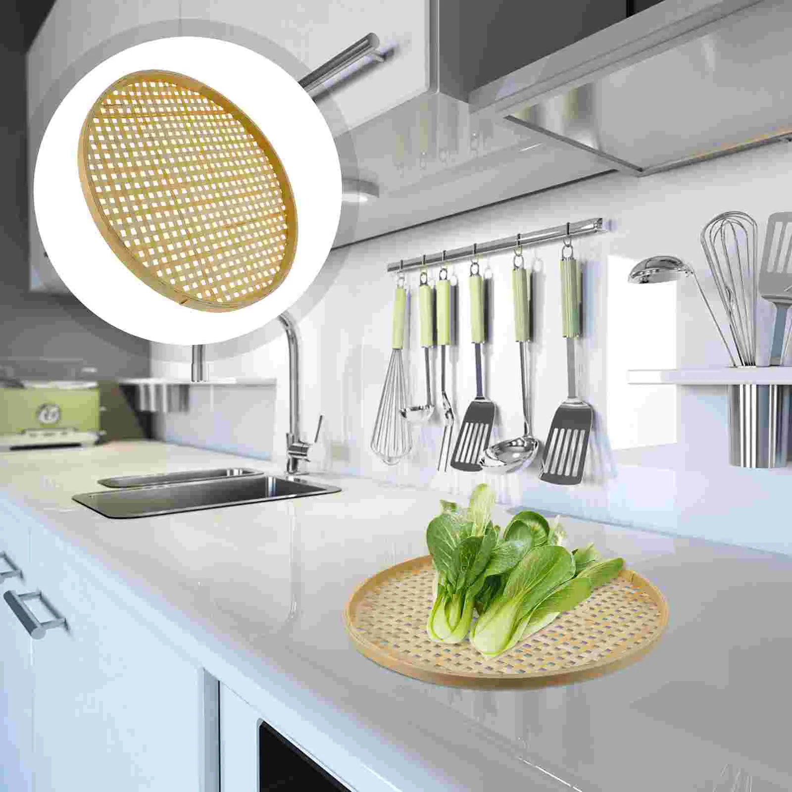 

Basket Tray Fruit Serving Bamboo Woven Baskets Wicker Storage Flat Round Sieve Shallow Food Bread Centerpiece Wall Weaving Bowls