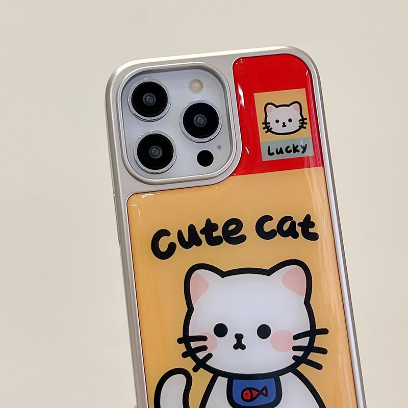 Cute Lucky Cat Glossy Back Cover Case For iPhone 16 15 13 14 12 Pro Max Plating Silver Bumper Phone Shell