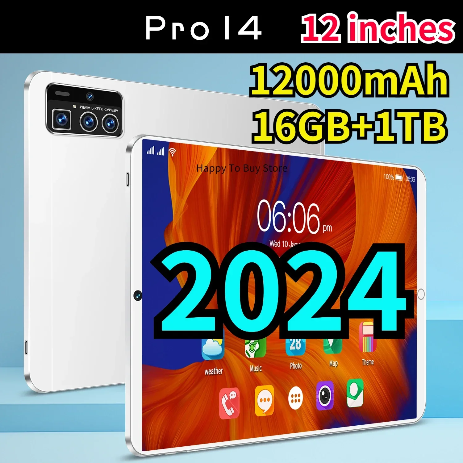 

2023 Original 12 Inch Tablet Pro14 Android12 16GB+1TB 12000mAh 5G Bluetooth 5.0 Travel Graphics WiFi HDSupport Global languages
