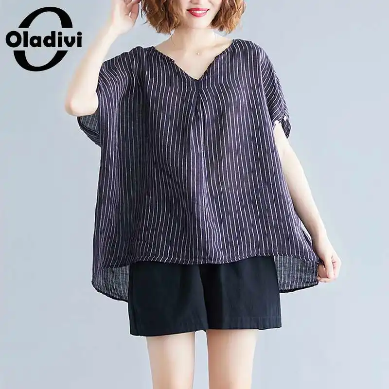 Oladivi Oversized Short Sleeve Cotton Linen Striped Blouses Women Summer 2022 New Casual Loose Shirts Girl Big Tops Tunic Blusas |