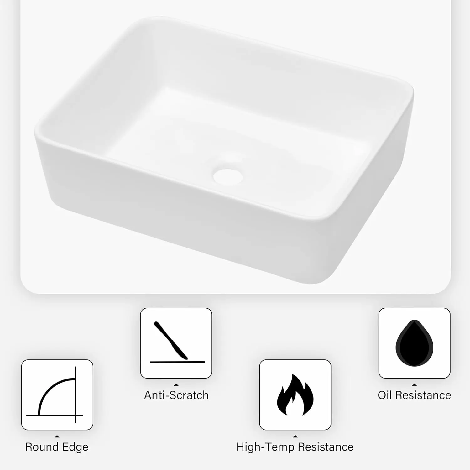 1pc 19" x 15" Countertop Rectangle Vessel Sink, Above Counter Ceramic Hand Wash Basin Vanity Sink, Bathroom Sanitary Ware Art Ba 6