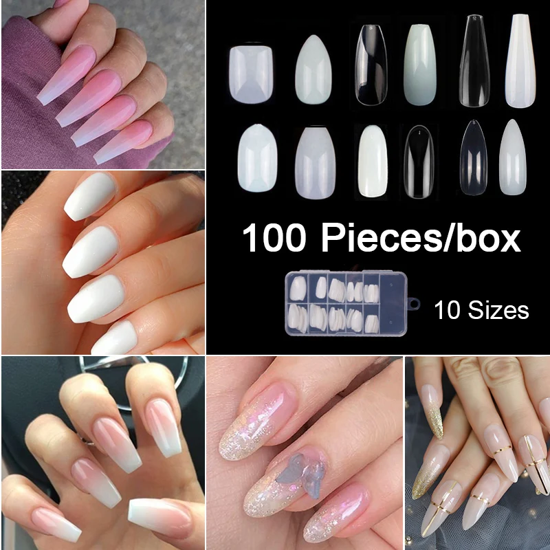 

100PCS/Box Ballerina Nails Acrylic False Nails Full Cover Coffin Nail Tips Artificial French Fake Almond Stiletto Nail Tips