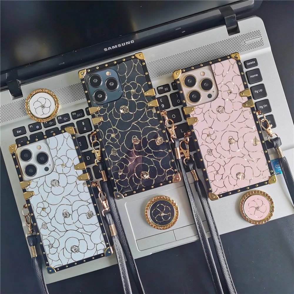 Luxury Glitter Gold Line Flower Cover Custodia Quadrata Per Cordino Per Xiaomi Redmi Note 10 Pro Max 11 Pro Note 12 Pro 8 9A 9C 10 10C 12C