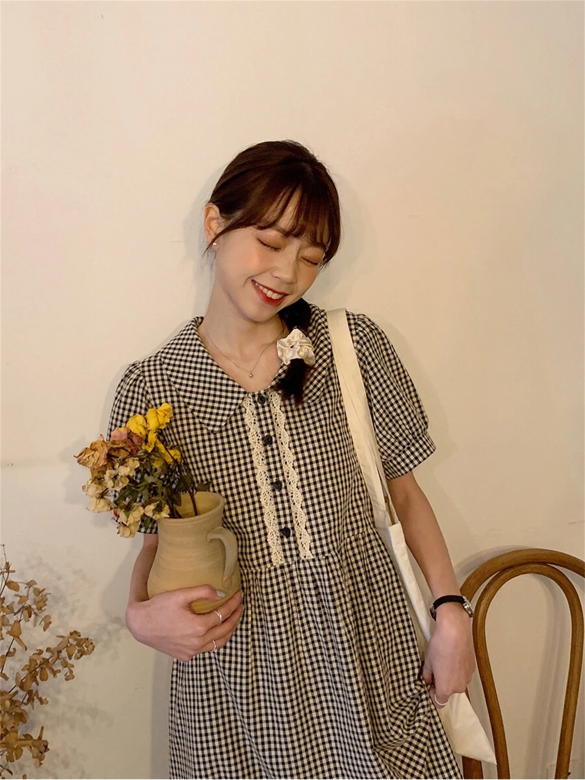 

2023 New Spring and Summer Commuting Sweet Japanese Style Retro Loose Slim Long Skirt Bubble Sleeve Doll Neck Dress