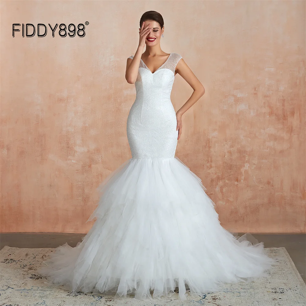 

Sequin Beads Shinny Mermaid Wedding Dress Ruffles Vintage Wedding Dresses 2022 Vestido de Novia Robe de Mariee V Neck QW01573
