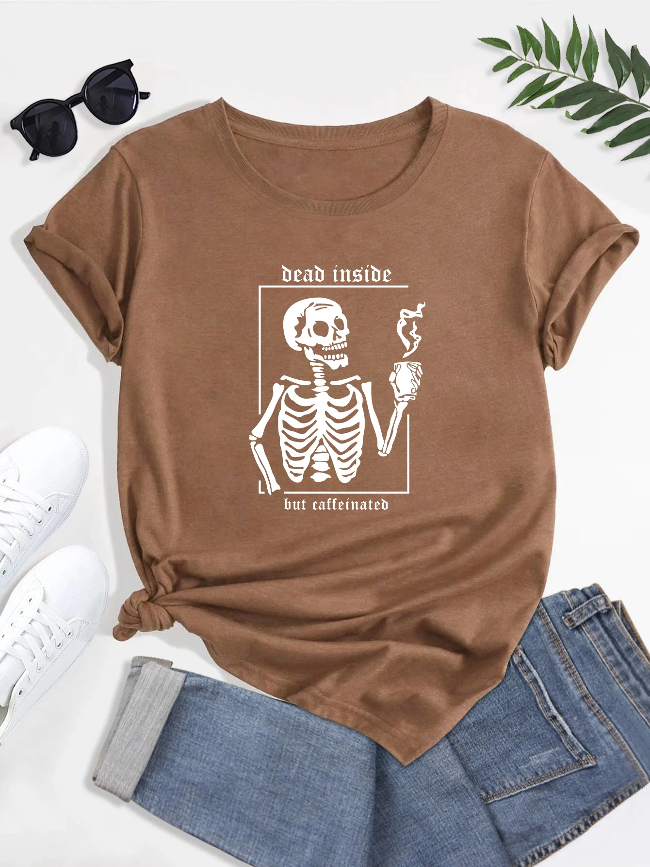 T-shirt girocollo con stampa 'Dead inside But Caffeinated', T-shirt estive casual a maniche corte larghe e alla moda, da donna_voghion.com