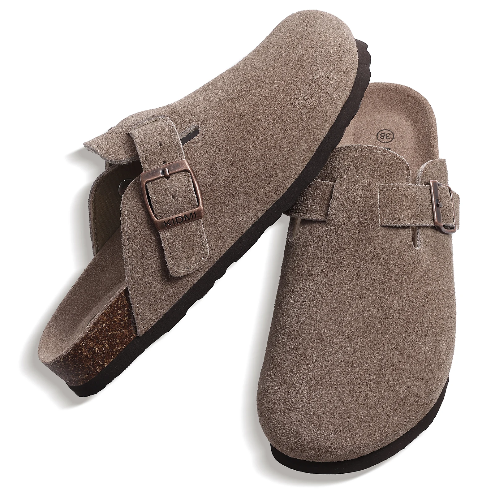 Suede Cork Footbed Slippers with Adjustable Buckle for Women