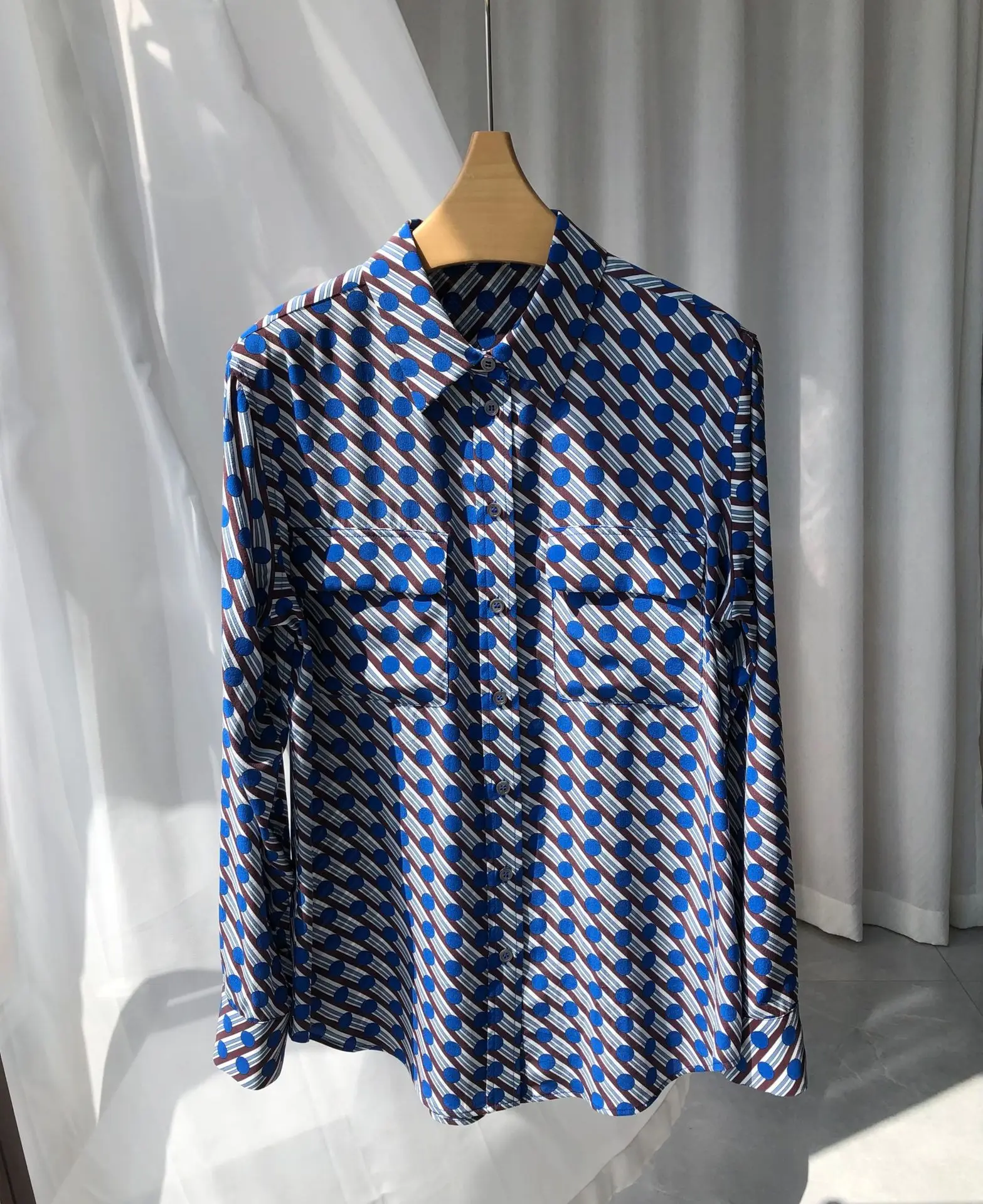 2023 Spring Brand New Designer Women's High Quality 100%Silk Dot Long Sleeves Shirt Blouses B751