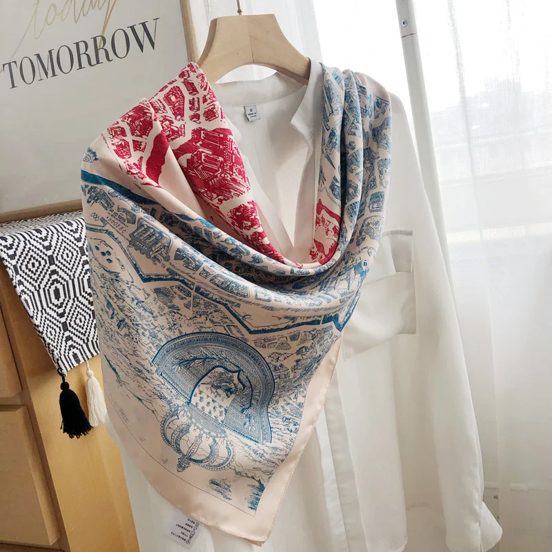 

Star's same style horse city trend square scarf imitation silk women's Silk Scarf Shawl binding bag decorative silk scarf 90cm