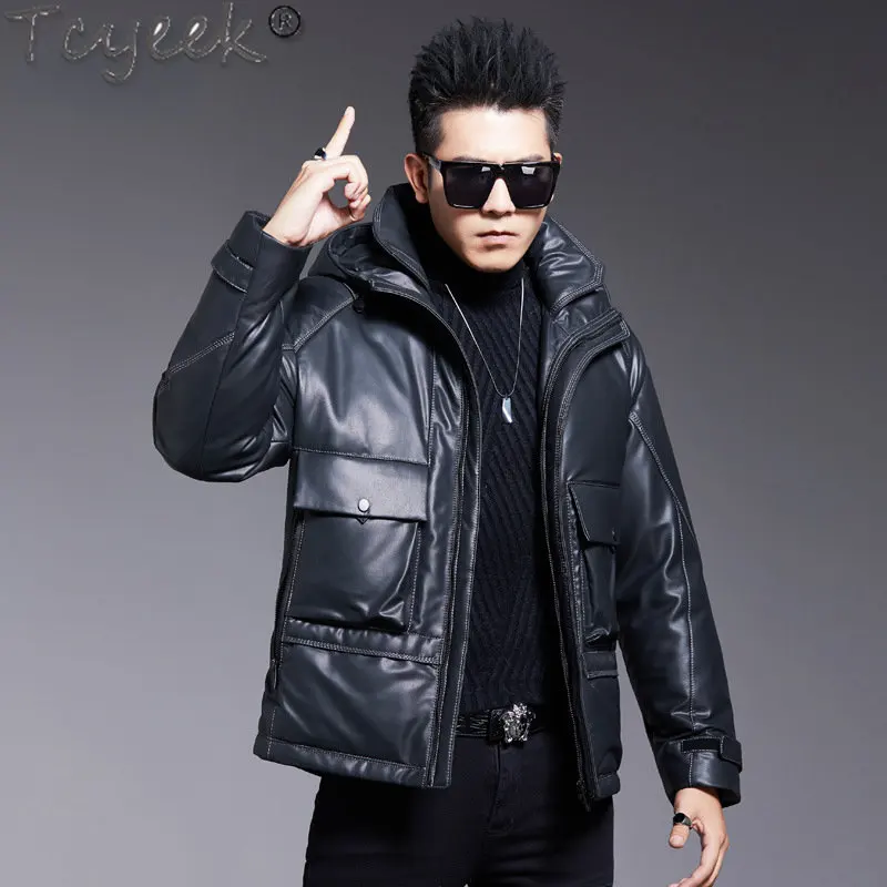 

Tcyeek Casual Sheepskin Down Jacket Men Clothing Winter Thickened Down Coat Men's Genuine Leather Jackets Hooded Jaqueta Puffer