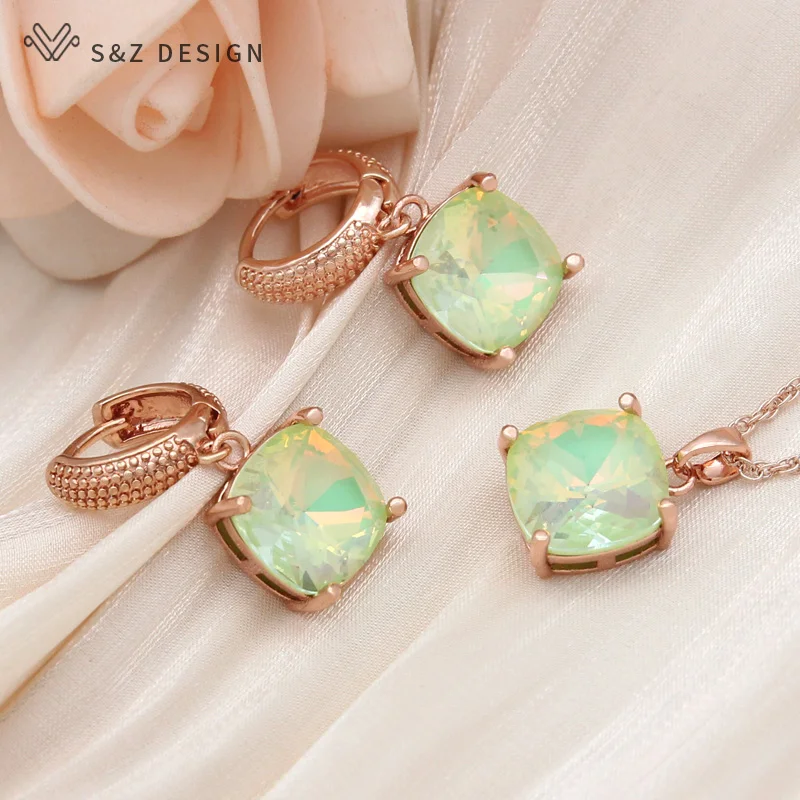 S&Z DESIGN New Fashion 585 Rose Gold Color Square Crystal Dangle Earrings Jewelry Sets For Women Wedding Pendant Necklace Gift