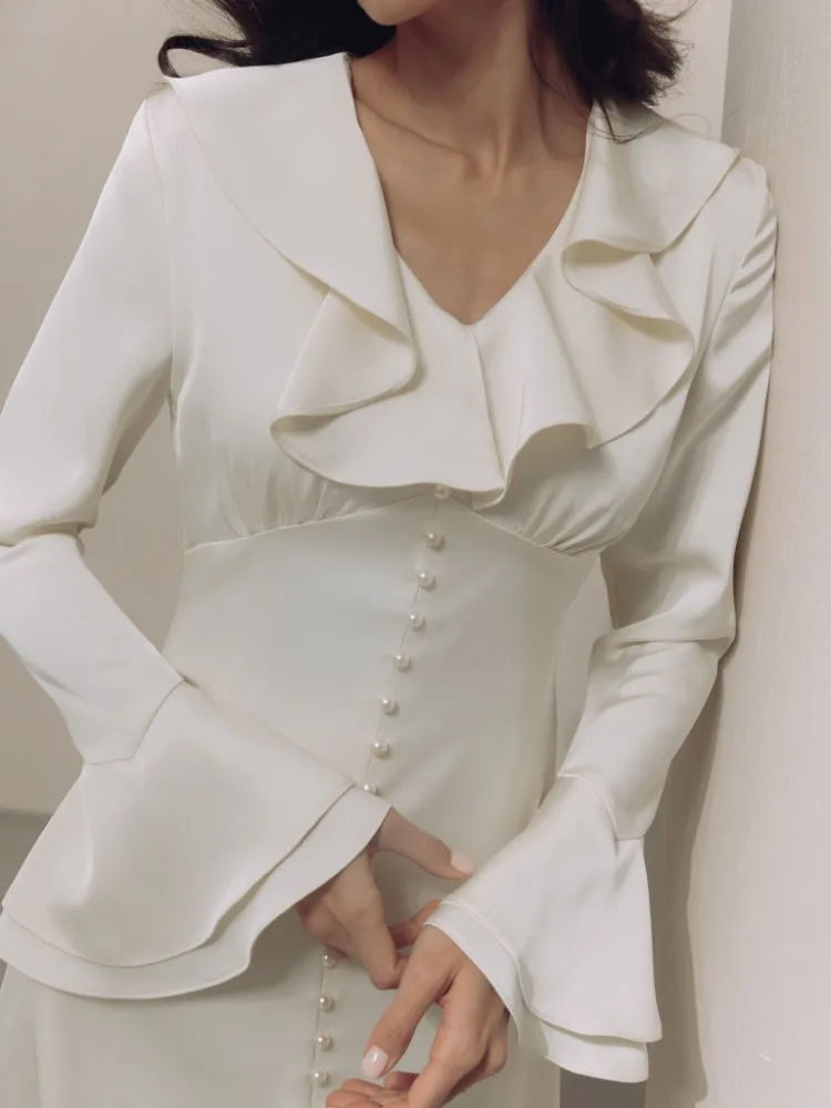 Ruffle V Neck Elegant Dress For Women Slim Long Sleeve High Waist Temperament Dresses Femme Party Slit Long Dress Woman
