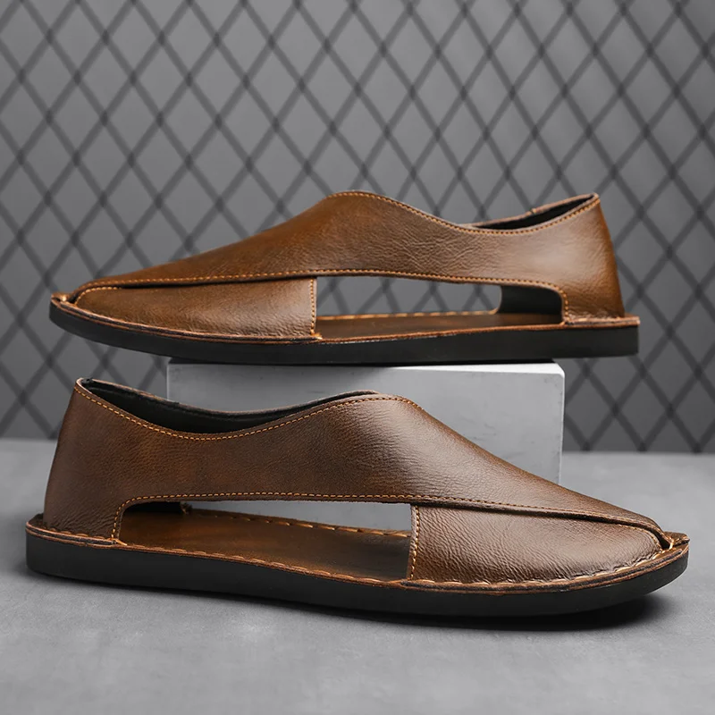 Summer Men's Sandals Handmade Leather Casual Shoes Comfortable Slip-On Beach Shoes Breathable Sandals Loafers Wading Aqua Shoes