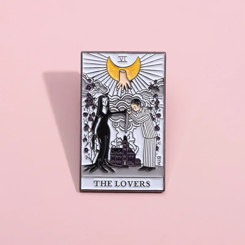 Comedy Tarot Card THE LOVERS Anime Brooches Gomez And Morticia Enamel Badge Pins Jewelry Gift Accessories