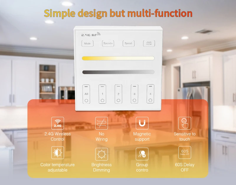 Description Picture 4 of itemLED Panel Sensitive Touching Remote Controller 2.4GHz for FCOB LED Strip Light DIM CCT RGB RGBW RGBCCT 2 AAA Battery 4 Zone 30 m