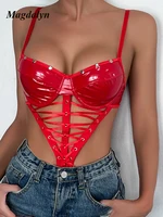 Magdalyn Women Sexy PU Strappy Bodysuits Bodycon Hot Catsuits Hollow Solid Rompers Fashion Erotic Faux Leather One Piece Onesie - Image 4