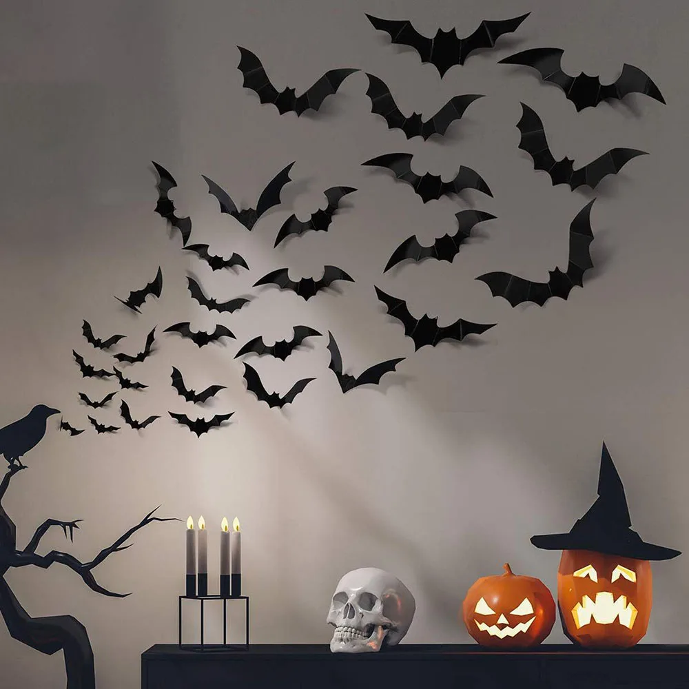 

120/140PCS Halloween Black Bat Stickers Set Personalized Door Decorative Patch Wall Decoration Tool For Halloween Event