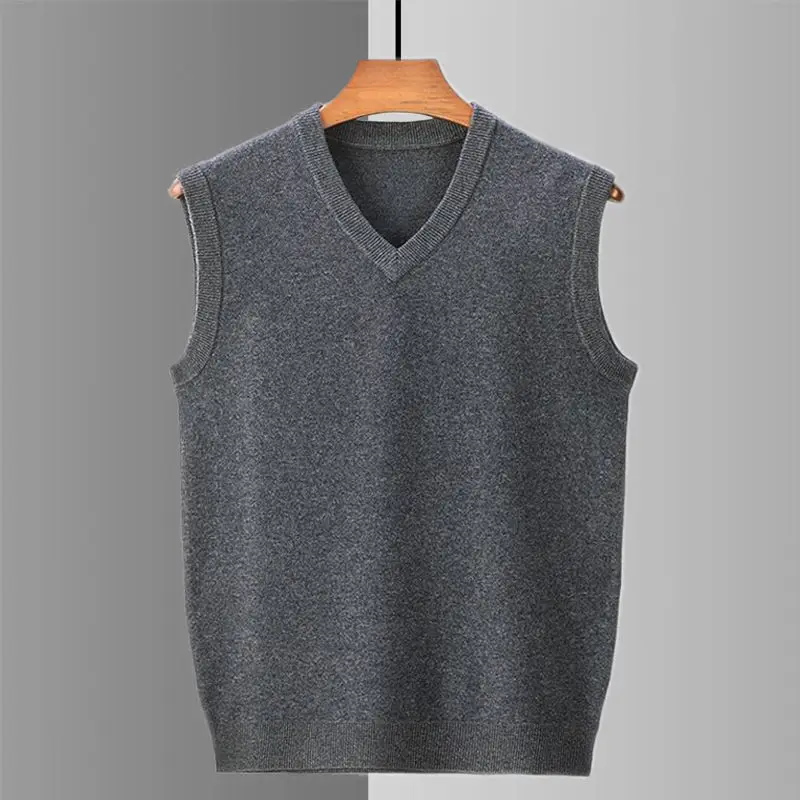 Smart Casual Autumn Men Sweaters Vest V-Neck Solid Simplicity Trend All-match Loose Thicken Sleeveless Pullovers Knitd Coat Tops 2