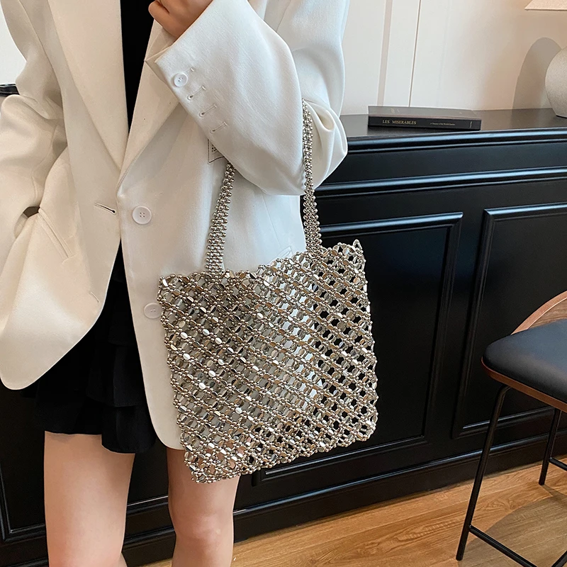 2025, neue Sommer-Urlaubstasche, Boho-Strand, aushöhlen, Umhängetasche für Frauen, handgefertigte Perlenhandtasche, silberne Metall-Tragetasche mit Griff oben – Detail 19