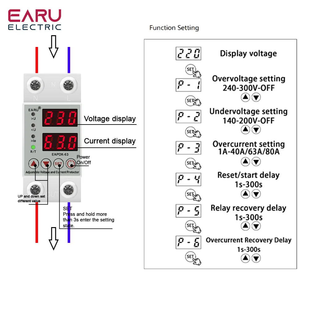 40A 63A 230V Din Rail Adjustable Digital Over Voltage Under Voltage Relay Over Current Protection kWh 220V Energy Meter voltage relay