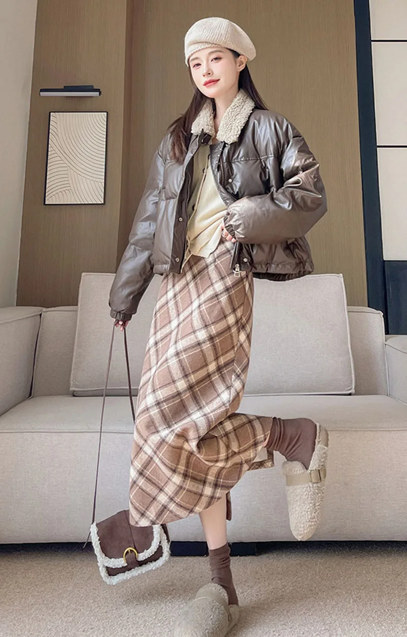 Vintage Woolen Plaid Röcke für Frauen Herbst Winter Hohe Taille Split Langen Rock Weiblichen Koreanischen Streetwear Kontrast A-linie Rock – Detail 10