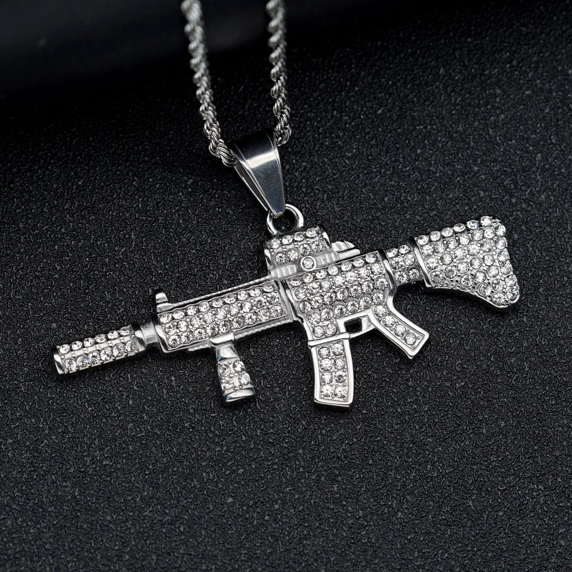 Iced Out AK47 Gun Pendant Rhinestone Stainless Steel Mens Necklace Hiphop Jewelry 4
