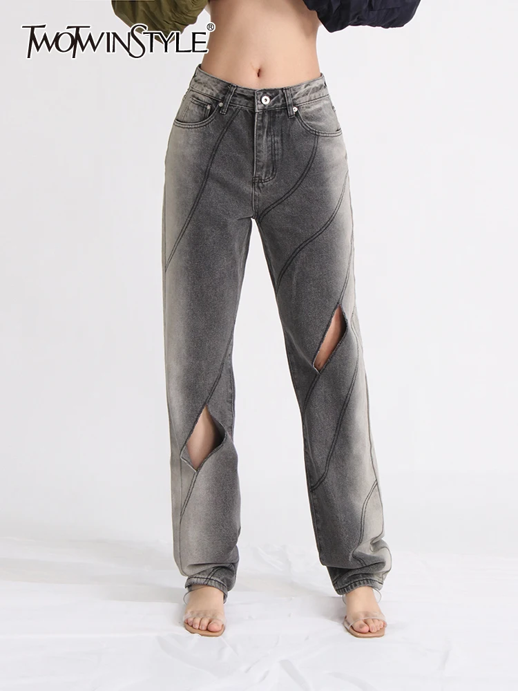 

TWOTWINSTYLE Casual Denim Jeans For Women High Waist Full Length Patchwork Pockets Slimming Chic Jean Female Fashion Clothing