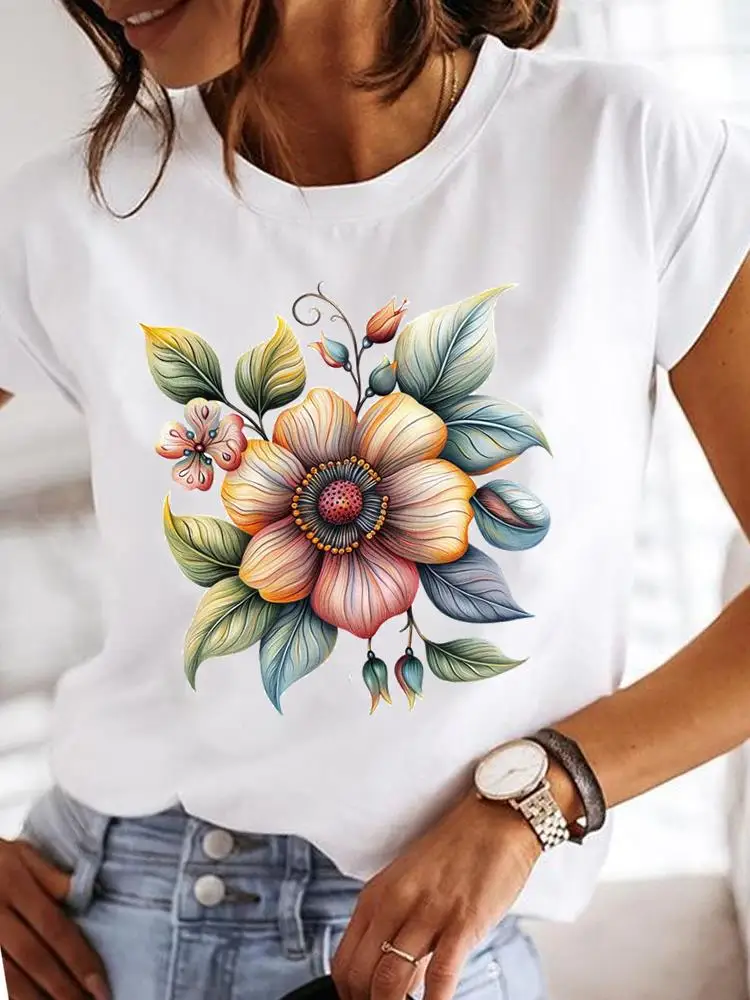 Clothes T Female Clothing For Women Graphic Tee Fashion Lady Sweet Flower 90s Casual Top O-neck Short Sleeve Print T-shirts