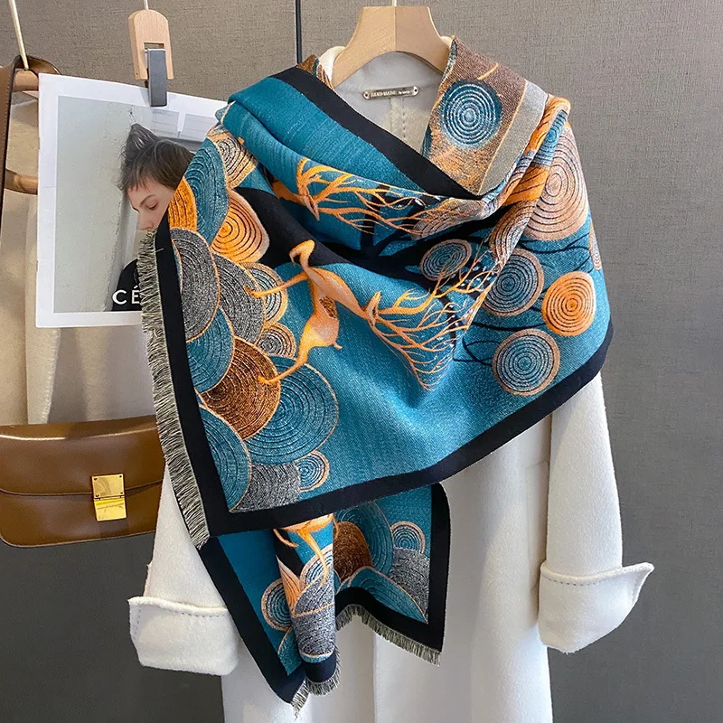 

2023 Animals Print Thick Cashmere Scarf Women Shawls Winter Wraps Warm Pashmina Bufandas Poncho Echarpe Blanket