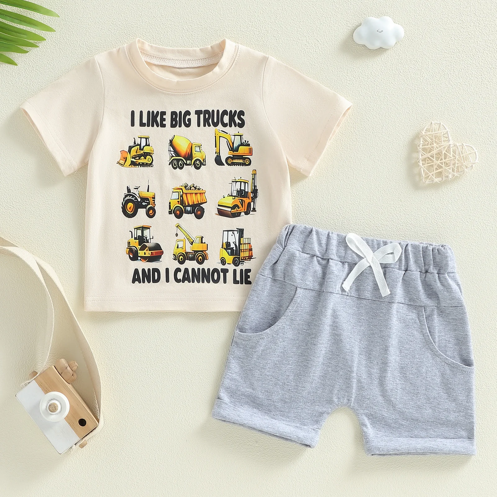 Cute Baby Boy Dinosaur Print Short Sleeve Crew Neck T Shirt Solid Color Elastic Waist Shorts 2 Piece Outfit Set for Summer