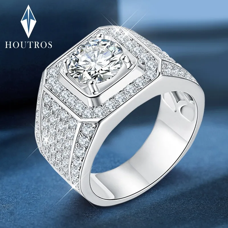 

Houtros 1-5CT D VVS1 Moissanite Ring For Men 925 Sterling Silver 18k White Gold Lab Diamond Ring Luxury Jewelry Test Passed