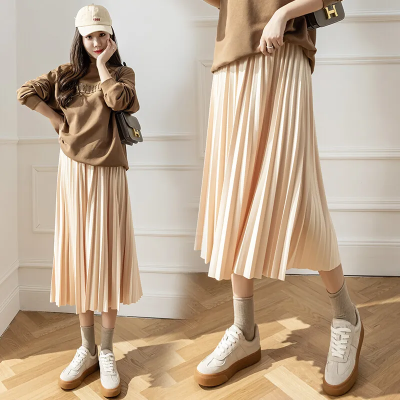 Pregnant Women Skirt F71910# Maternity Skirt Easy Matching Pleated Design High Waist Slim Mid-Long Pregnancy Skirt