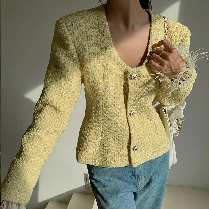

Yellow Feather Cuff Small Fragrance Short Coat Women Spring Autumn Fashion Korea Elegant Chic Tweed Sweet Vintage Wine Jacket