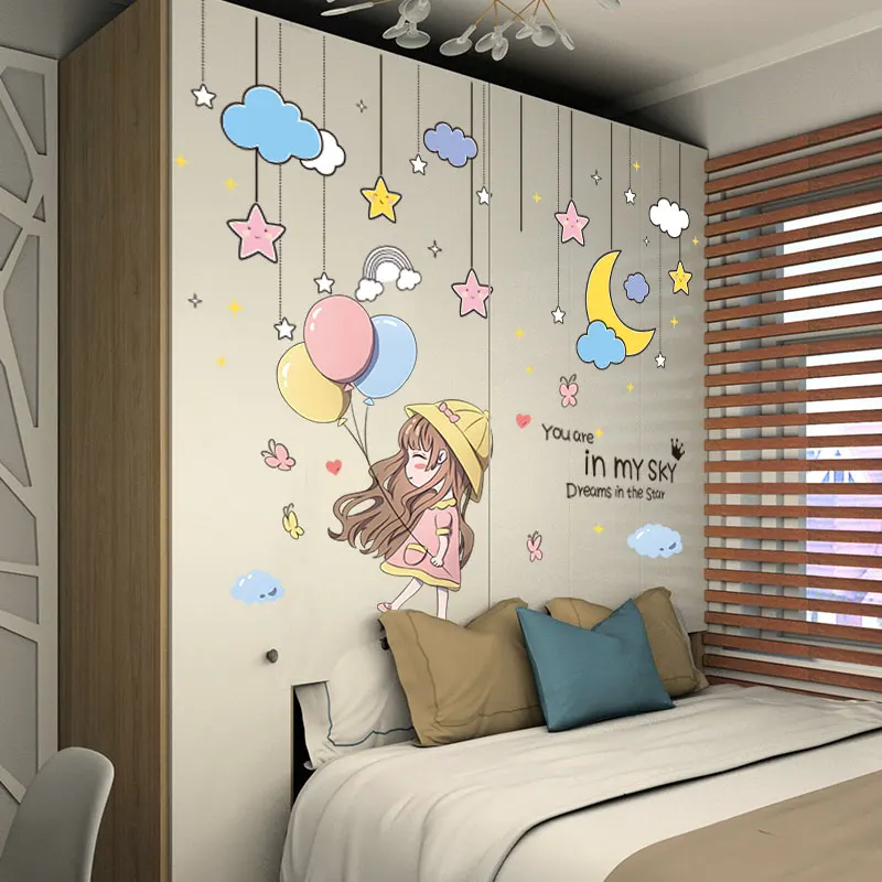 

[shijuekongjian] Cartoon Girl Balloons Wall Stickers DIY Stars Moon Clouds Mural Decals for Kids Rooms Baby Bedroom Decoration