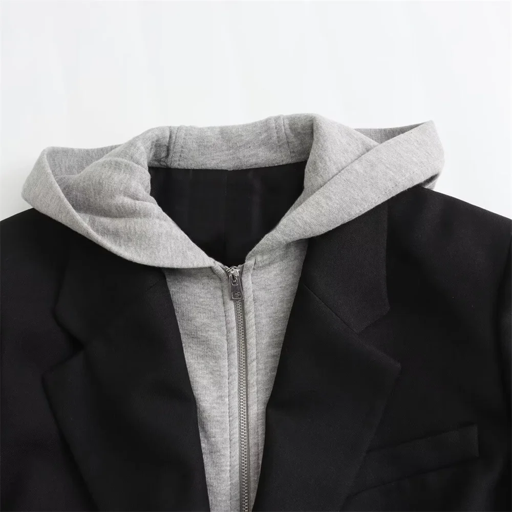 UNIZERA women's fake two-piece hooded jacket, casual lapel, loose fit jacket, spliced suit, spring autumn winter, new style 5