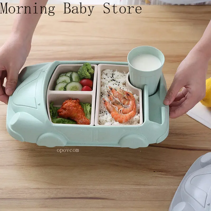 Creative Car Shape Baby Feeding Dishes Plate for Food Bamboo Fiber Baby Toddler Food Supplement Plate with Cup Tableware