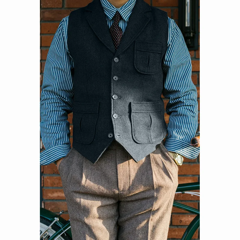 Men's Vest Vintage Classic Tweed Wool Herringbone Slim Jacket