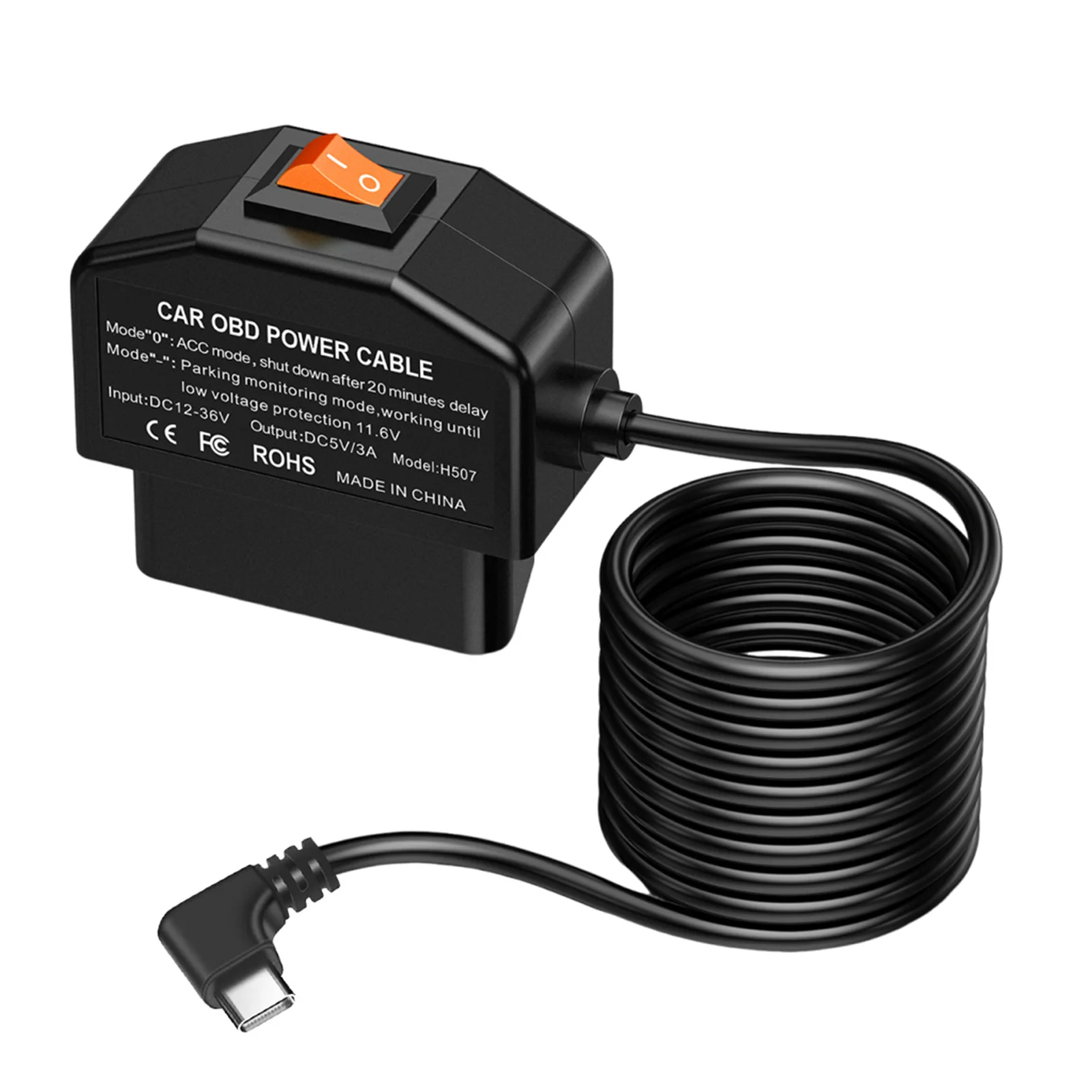 OBDII Power Cable For Dash Camera OBDII Power Cable OBD To Type-C Adapter 12-24V To 5V/3A 24h Parking Car Accessories