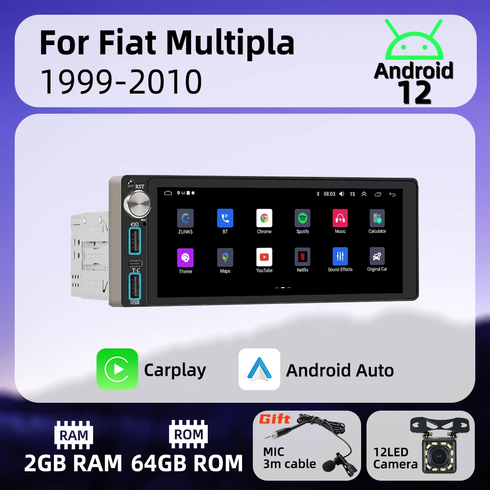 

Wireless Carplay Autoradio 6.86" 1 Din Radio Android Car Multimedia for Fiat Multipla 1999-2010 Stereo Head Unit Navigation GPS