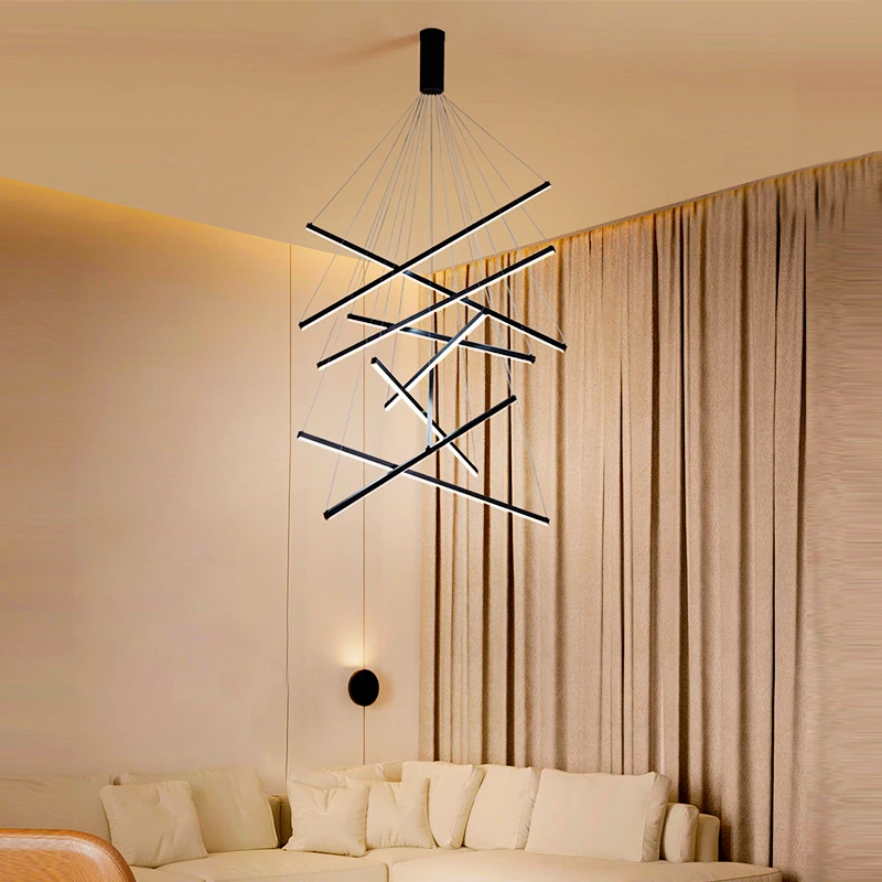 

Black Stair Chandelier Simpl Dimmer Led Lamp Modern Building High-Rise Kitchen Living Room Decoration Long Line Light Fixture