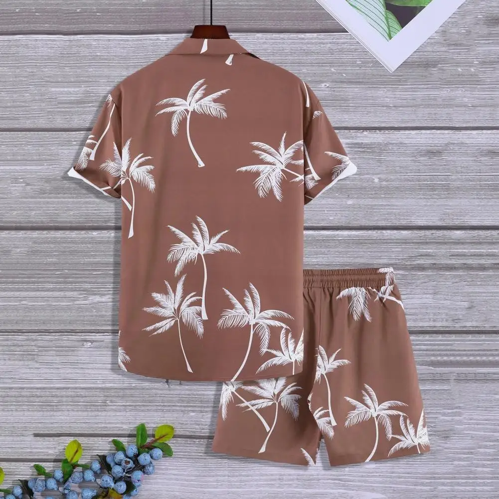 

Loose Fit Men Outfit Men's Summer Casual Coconut Tree Print Shirt Shorts Set with Elastic Drawstring Waist Wide Leg Design for A