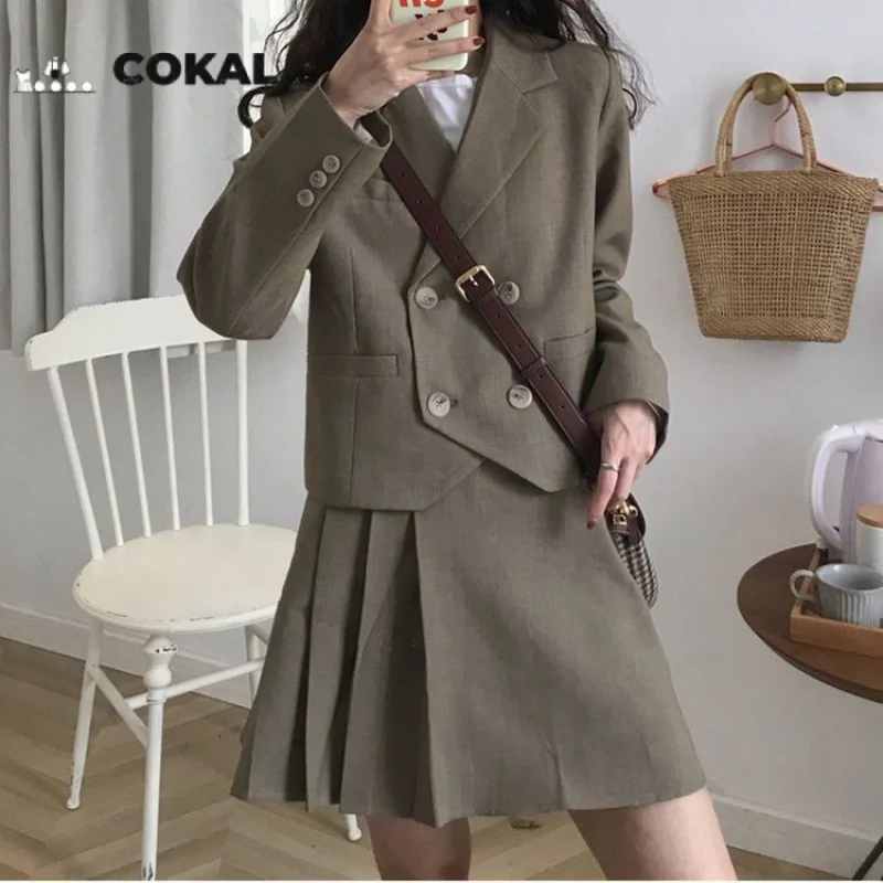 Preppy small suit jacket high waist slimming A-line pleated skirt female student spring and autumn suit temperament casual