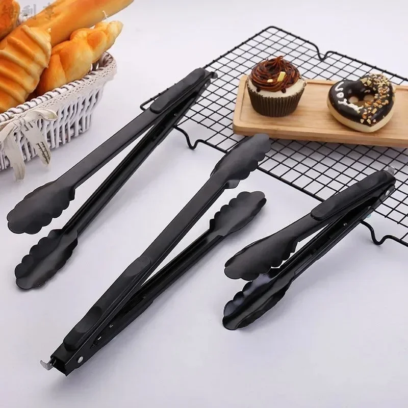 9/12/14 Inch Stainless Steel Food Tongs Barbecue Black Tong Bread BBQ Salad Tongs