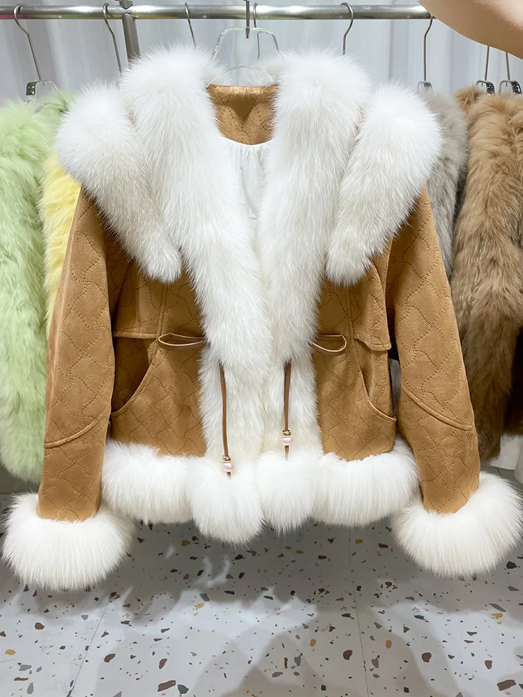 

Куртка из гусиного пуха с воротником из лисьего меха, теплая Женская Толстая Роскошная парка, замшевая куртка-пуховик, зимняя верхняя одежда, бесплатная доставка