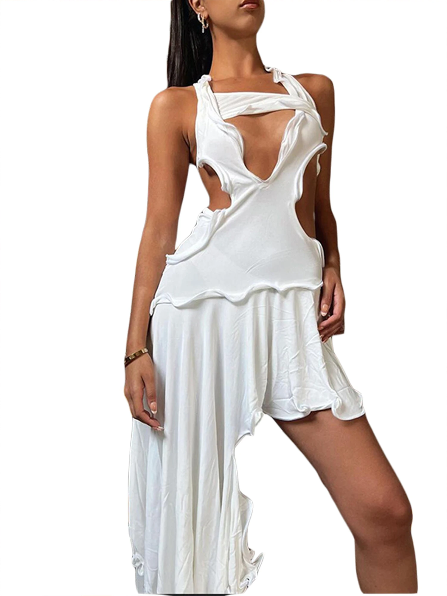 

Caoirhny Women Wrapped Dress Sleeveless Cutout Solid Color Casual Party Spring Summer Dress (White M)