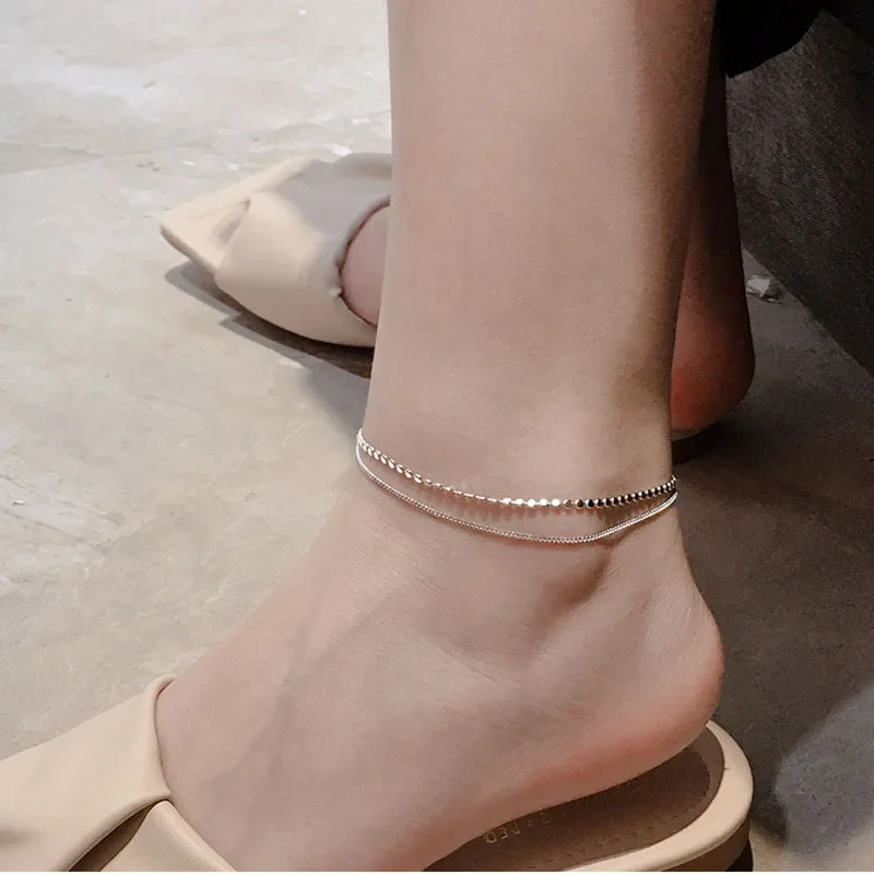 925 Sterling Silver Double Layer Round Anklet Bracelet Female Simple Temperament Sexy Chain Jewelry