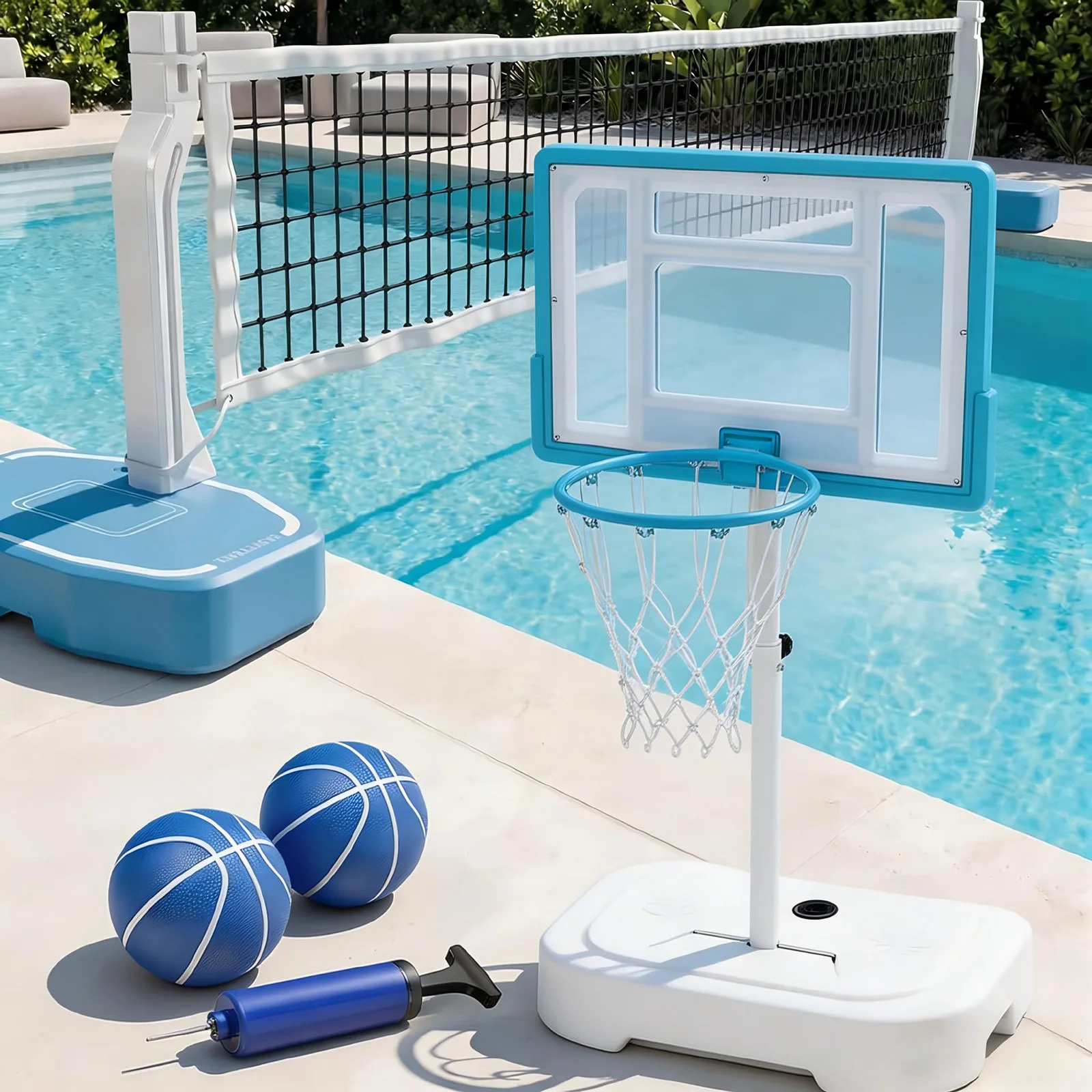 20014-3802ff.jpg Outdoor Poolside Basketball Hoop, Adjustable Height, Stainless Steel, 32'' Shatterproof Backboard, 2 Balls & Pump
