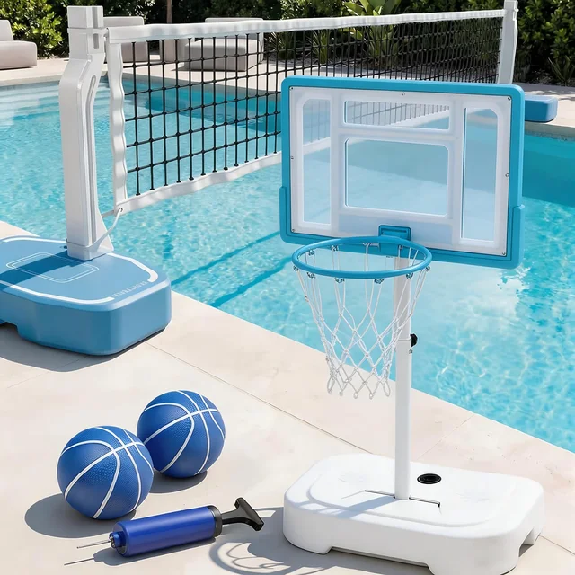 20014-3802ff.jpg Outdoor Poolside Basketball Hoop, Adjustable Height, Stainless Steel, 32'' Shatterproof Backboard, 2 Balls & Pump