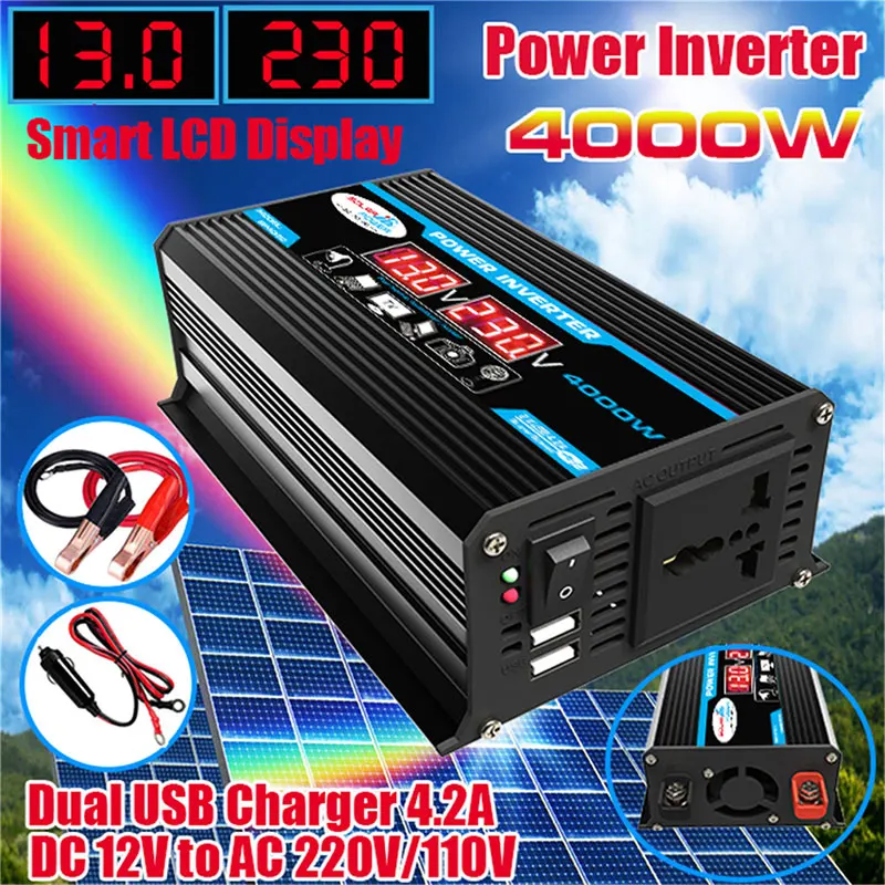Car Power Inverter 12v to 220v 110v 4000w Volts Converter Modified Sine Wave Dual USB Charging